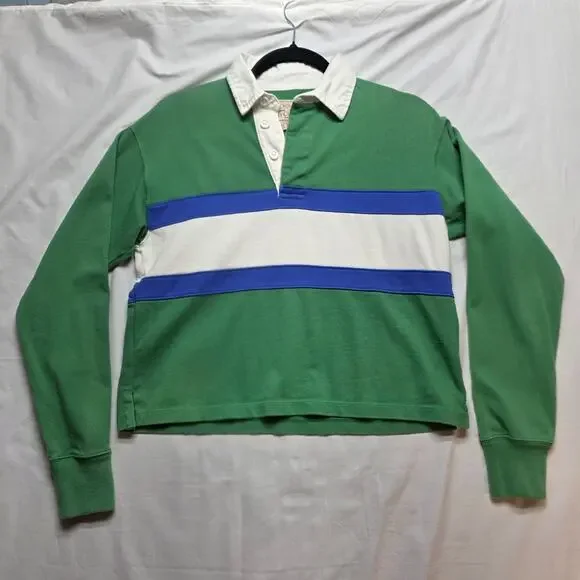 Abercrombie & Fitch Rugby Shirt Women's Green Blue White Crop Y2K Sports - XS - Picture 2 of 5